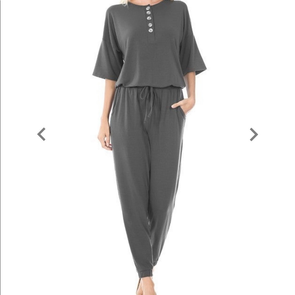 Zenana premium short sleeve henley jumpsuit